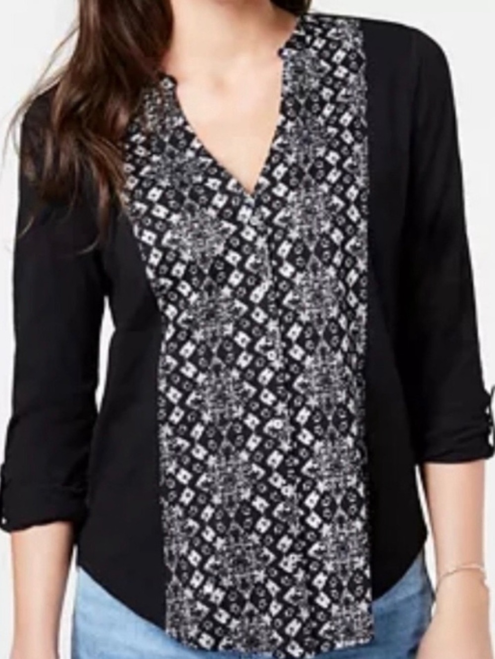 Lucky Brand Black and White Mosaic Print long sleeve Bib Button-Down Top